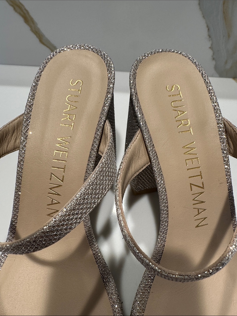 New Stuart Weitzman Glitter Strappy Mid Block Heel Sandals in Silver. Size 8B. - Picture 3 of 9